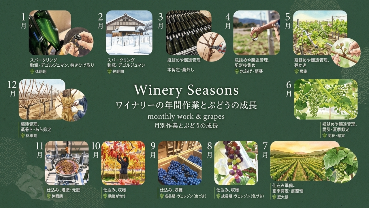 ワイナリーの1年間（月別作業とぶどうの成長）