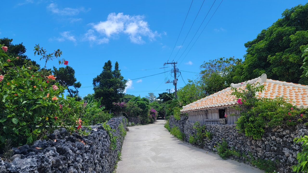 village of traditional Ryukyu houses with red-tiled roofs/Taketomi